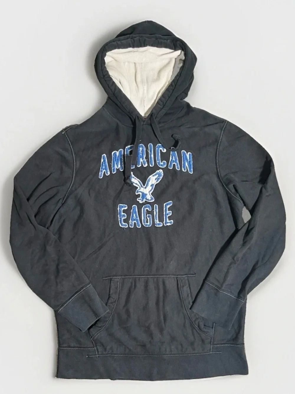 American Eagle Black Vintage Hoodie Mens XL Tall Pullover Kangaroo Distressed
